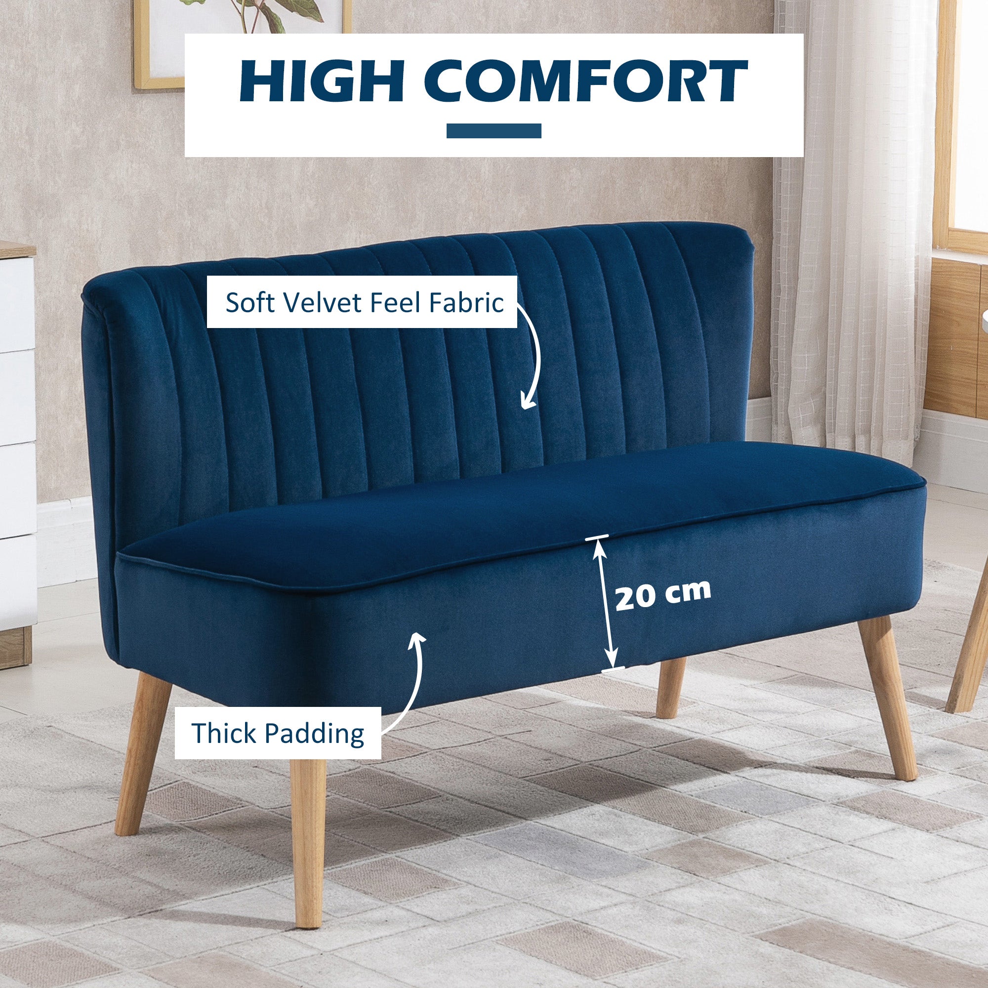 HOMCOM Modern Velvet Double Seat Sofa w/ Wood Frame Foam Padding High Back Soft Comfortable Compact Couch Blue