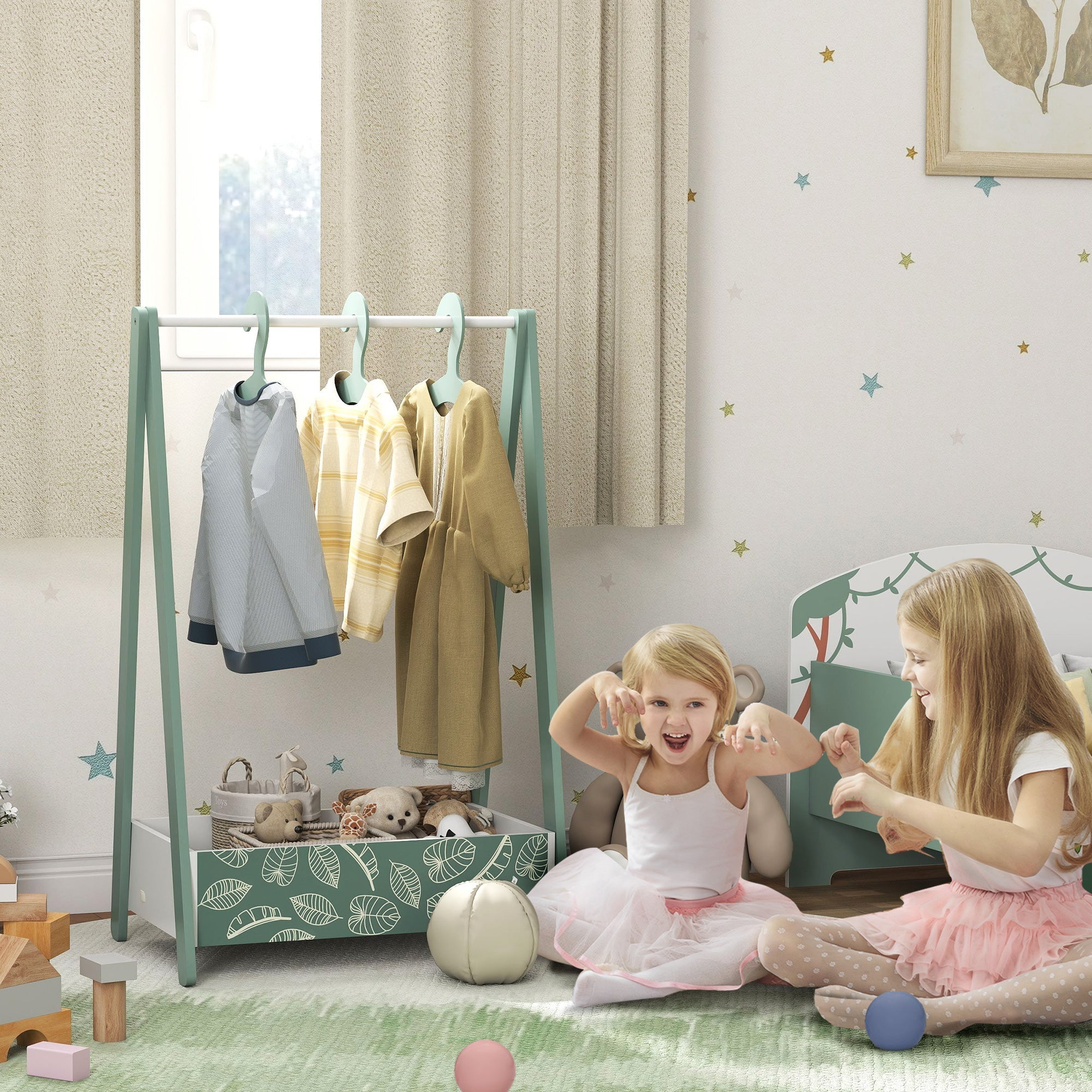 AIYAPLAY Baby Clothing Rack with Hangers, Storage Shelf for Bedroom, Leaf Theme, for Ages 3-6, Green