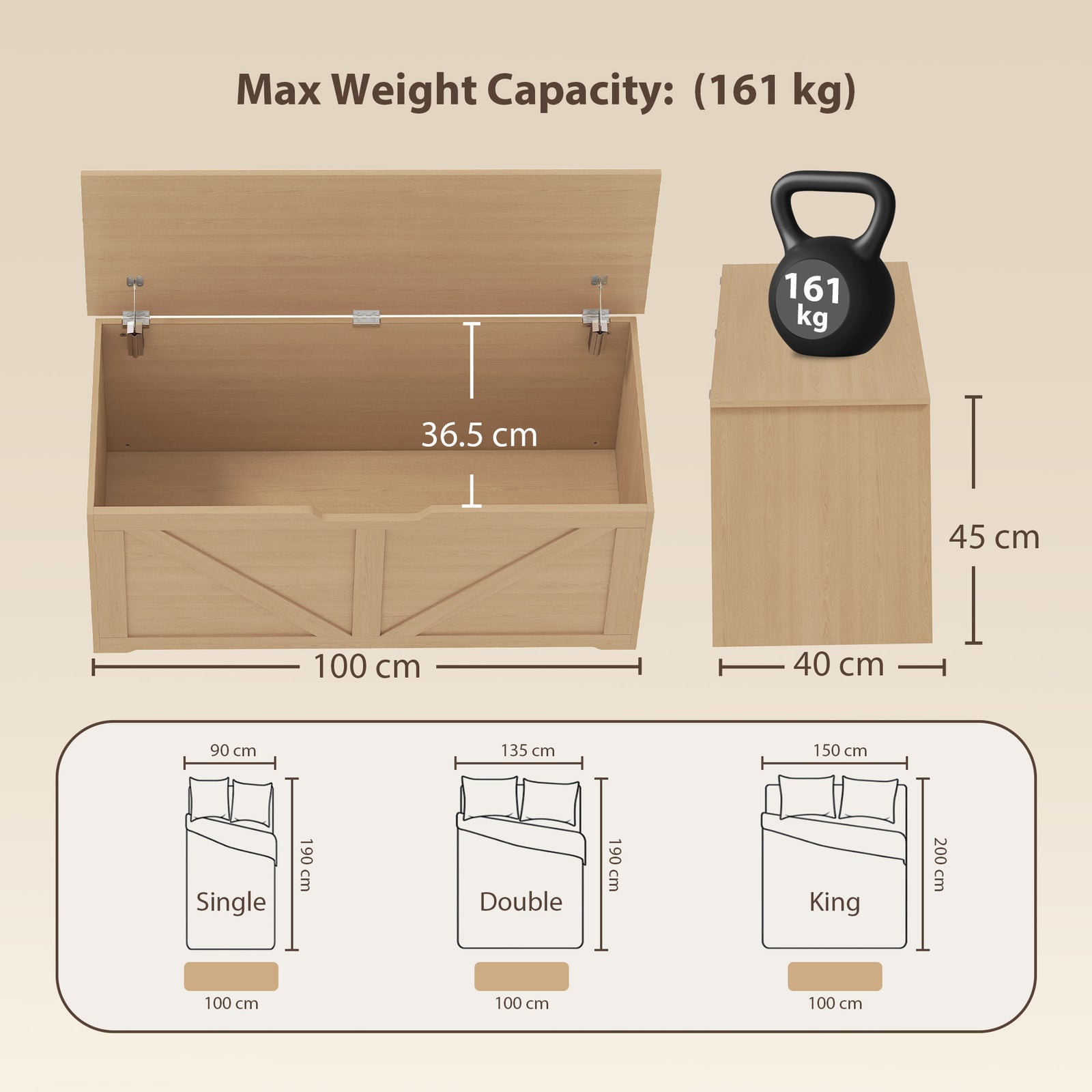HOMCOM 127L Home Storage Box, with Safety Hinges - Nature Wood Finish