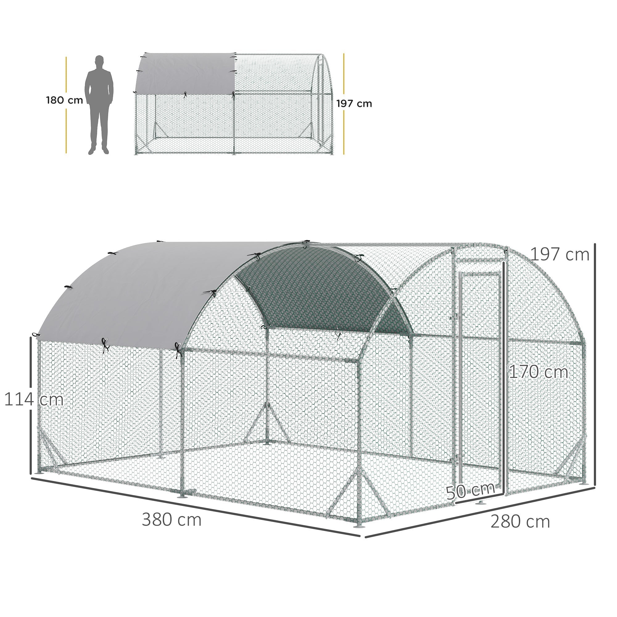 PawHut Walk In Chicken Run Galvanised Chicken Coop Hen Poultry House Cage Pet Playpen Garden with Water-Resist Cover, 2.8 x 3.8 x 2m