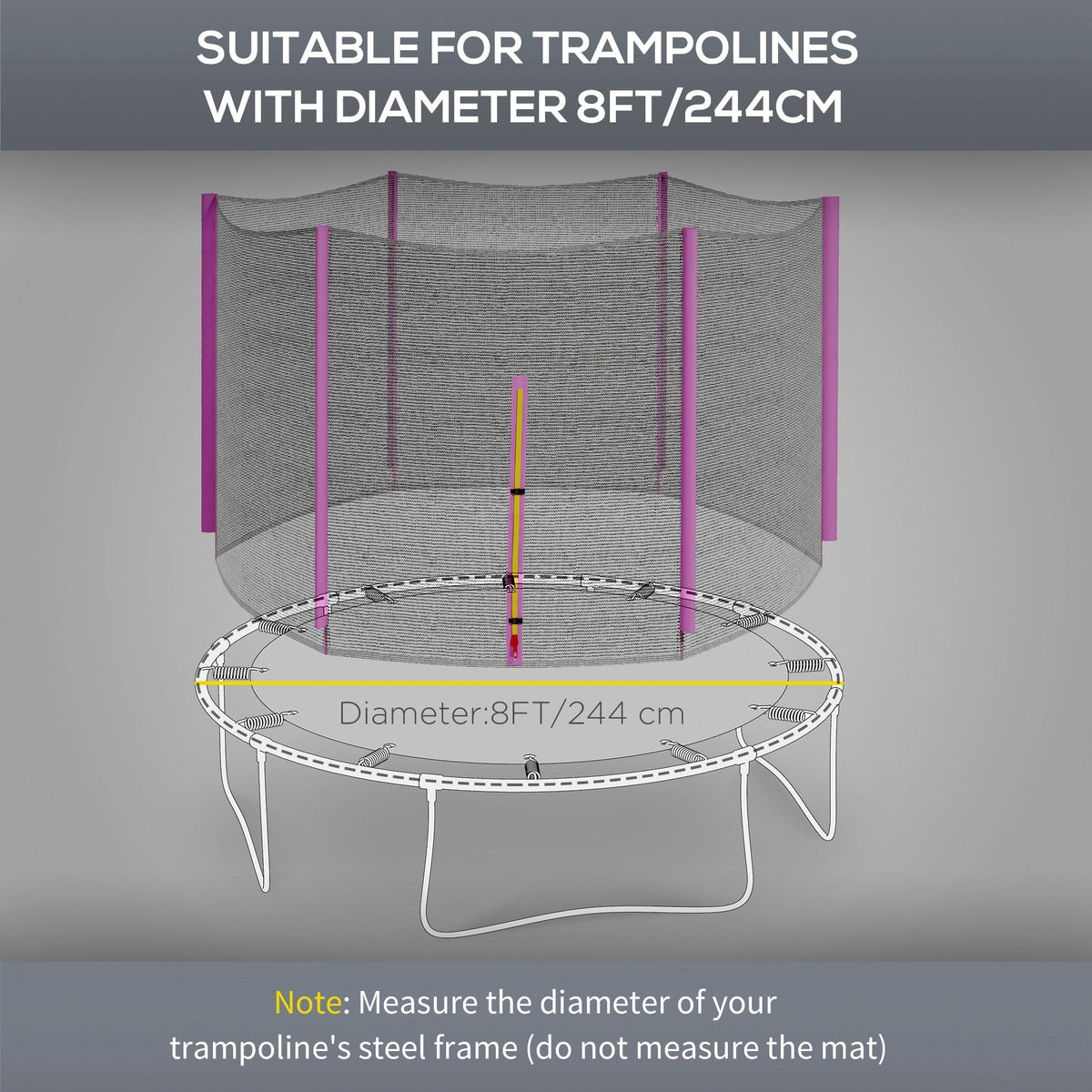 SPORTNOW 8ft Trampoline Net Replacement with 6 Plastic Pole Covers, Weather-Resistant Trampoline Netting Replacement with Zipped Entrance, Poles Not Included, Pink