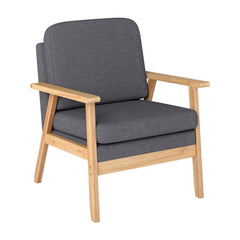 Mid-Century Accent Chair with Solid Wood Frame in grey fabric with a light wood frame