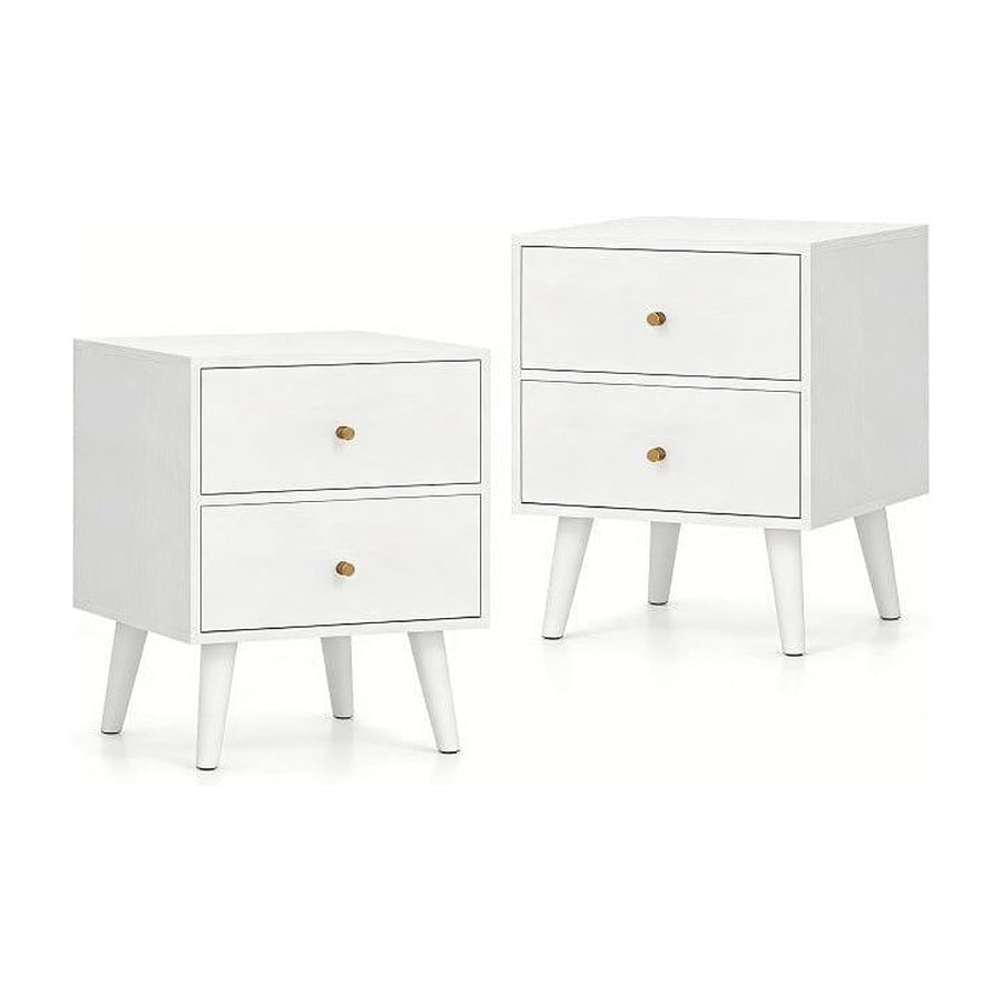 Mid Century Modern Bedside Table with Storage and Raised Support Legs Set of 2-White