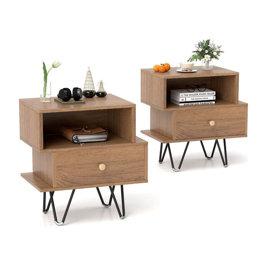 Mid Century Modern End Tables Set of 2 with Removable Drawer-Natural