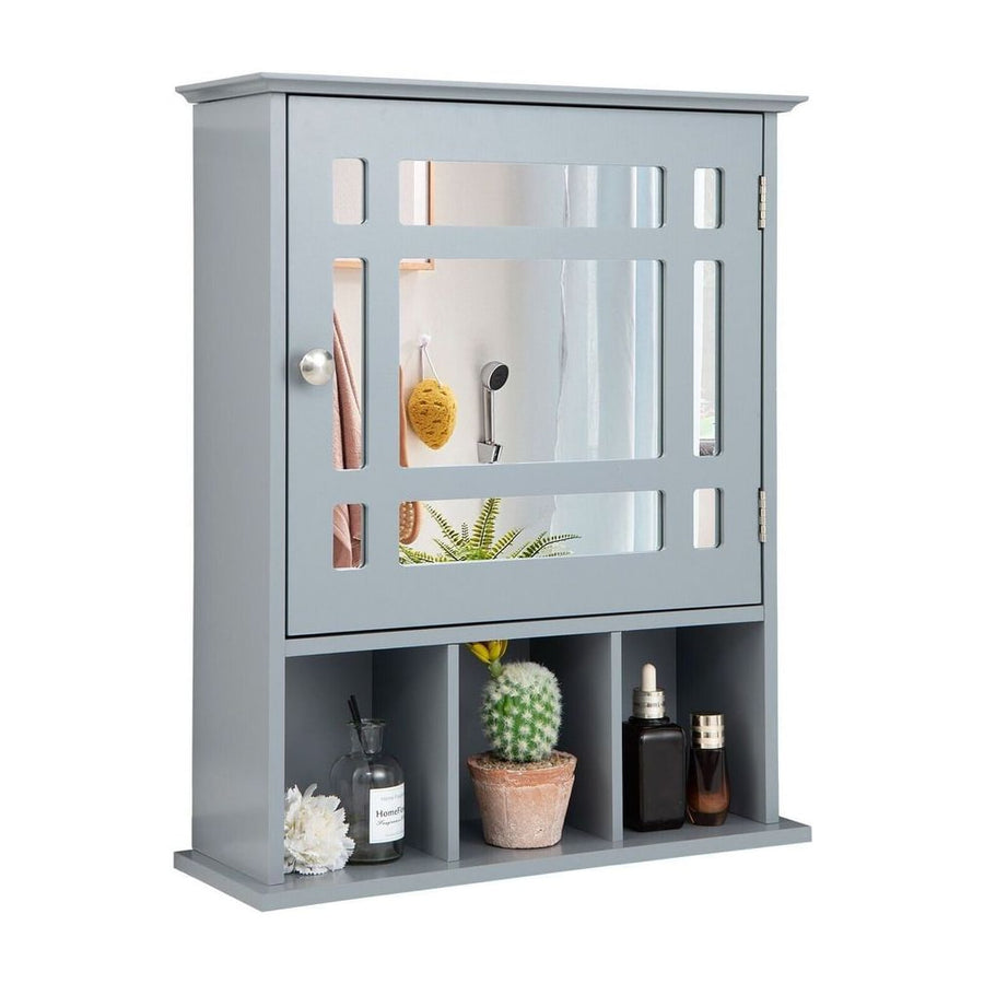 Mirror Door Cabinet with Adjustable Shelf and 3 Compartments-Grey