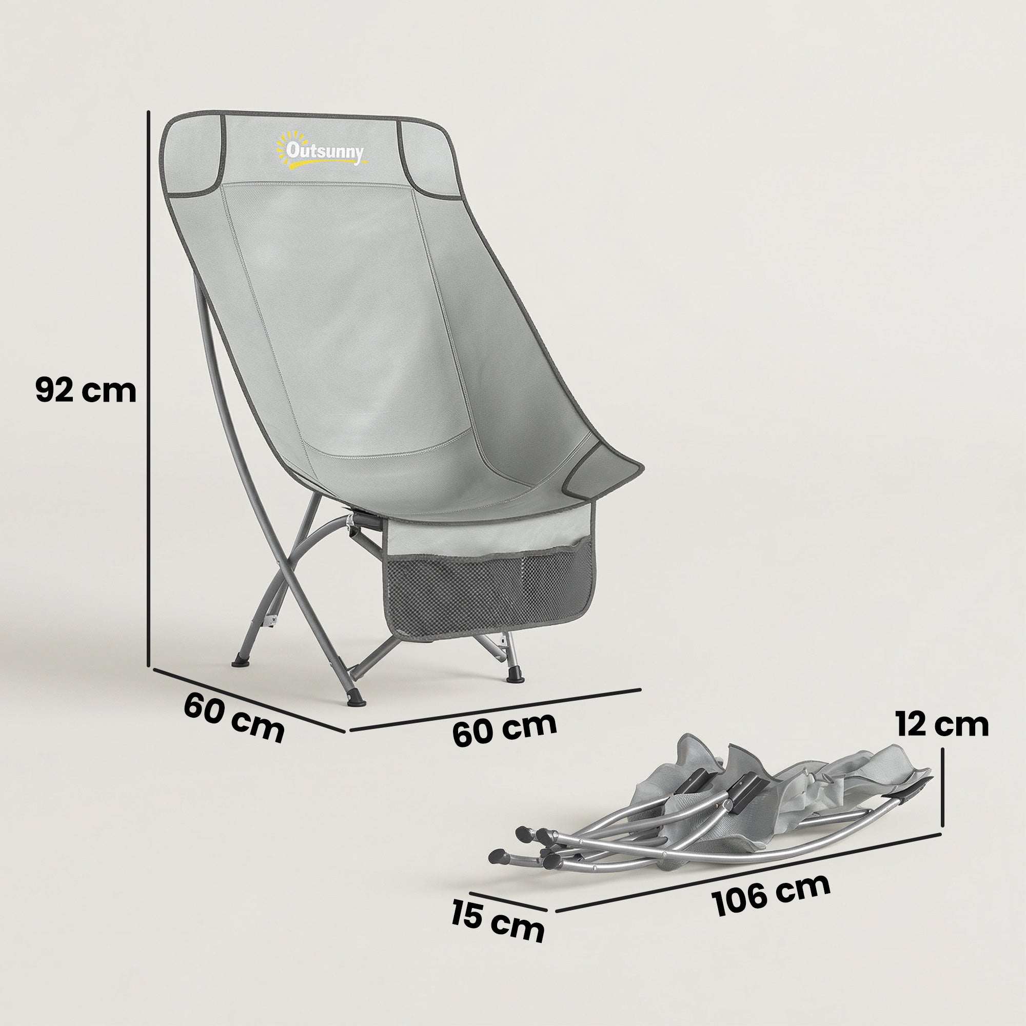 Outsunny Camping Chair for Adults Heavy Duty Folding Camp Chair with Side Pocket and Carry Bag Light Grey