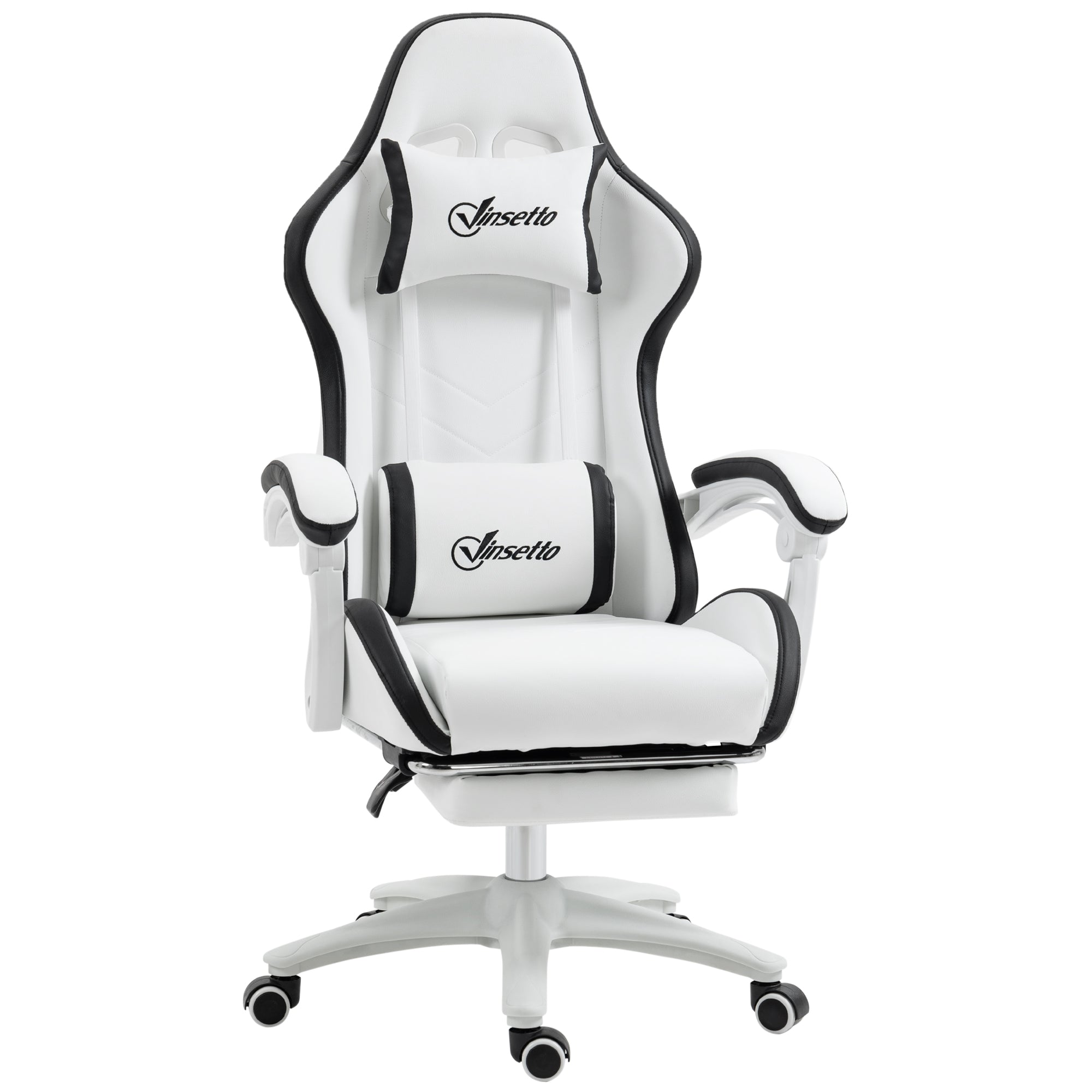 Vinsetto Computer Gaming Chair, PU Leather Office Desk Chair with Footrest, Swivel Wheels, 135√Ç¬∞ Reclining Back, Lumbar Support, Headrest for Home, White and Black