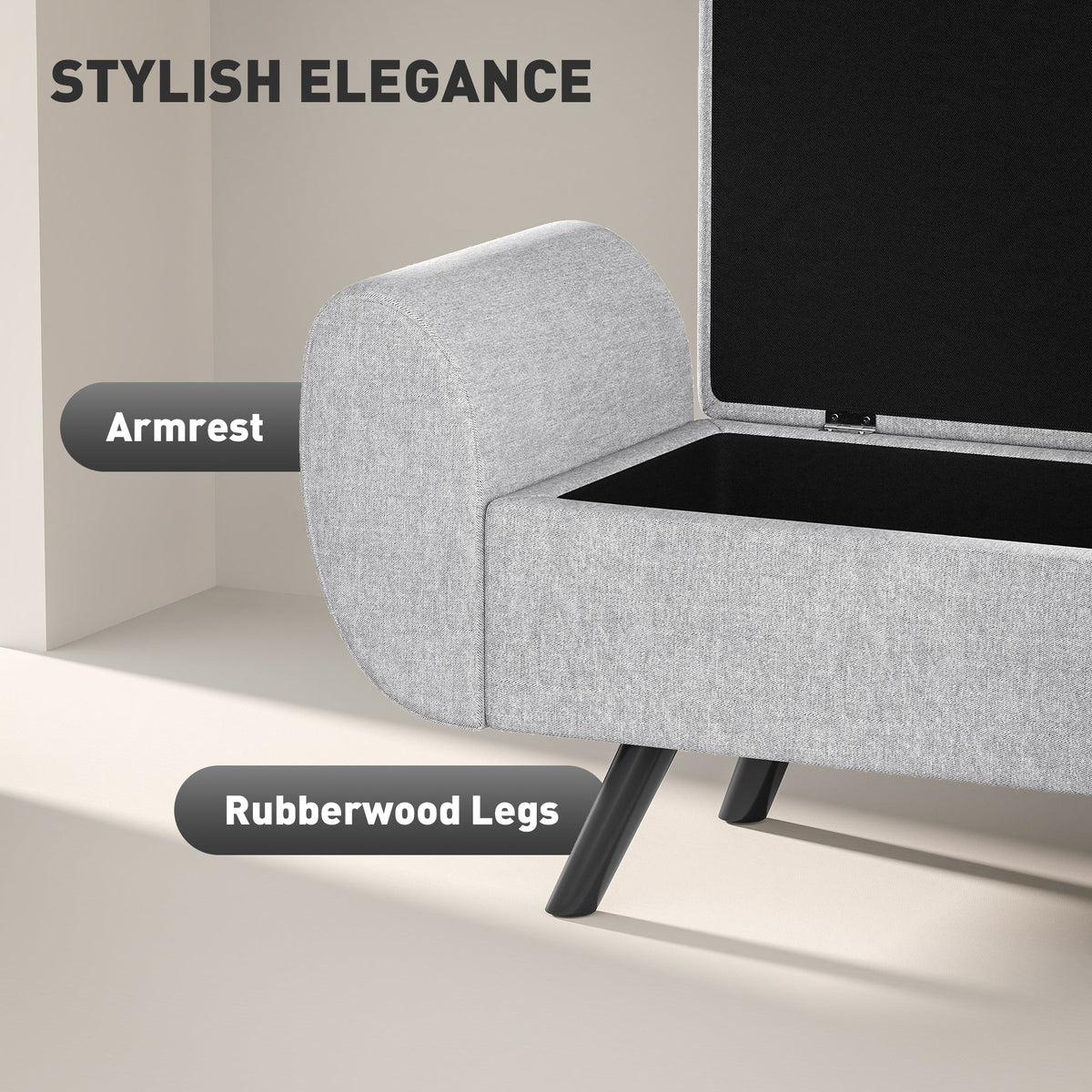 HOMCOM Storage Ottoman with Armrest, Upholstered Linen Storage Bench, Window Seat with Rubberwood Legs, Footstool for Bedroom Living Room, Hallway, Light Grey