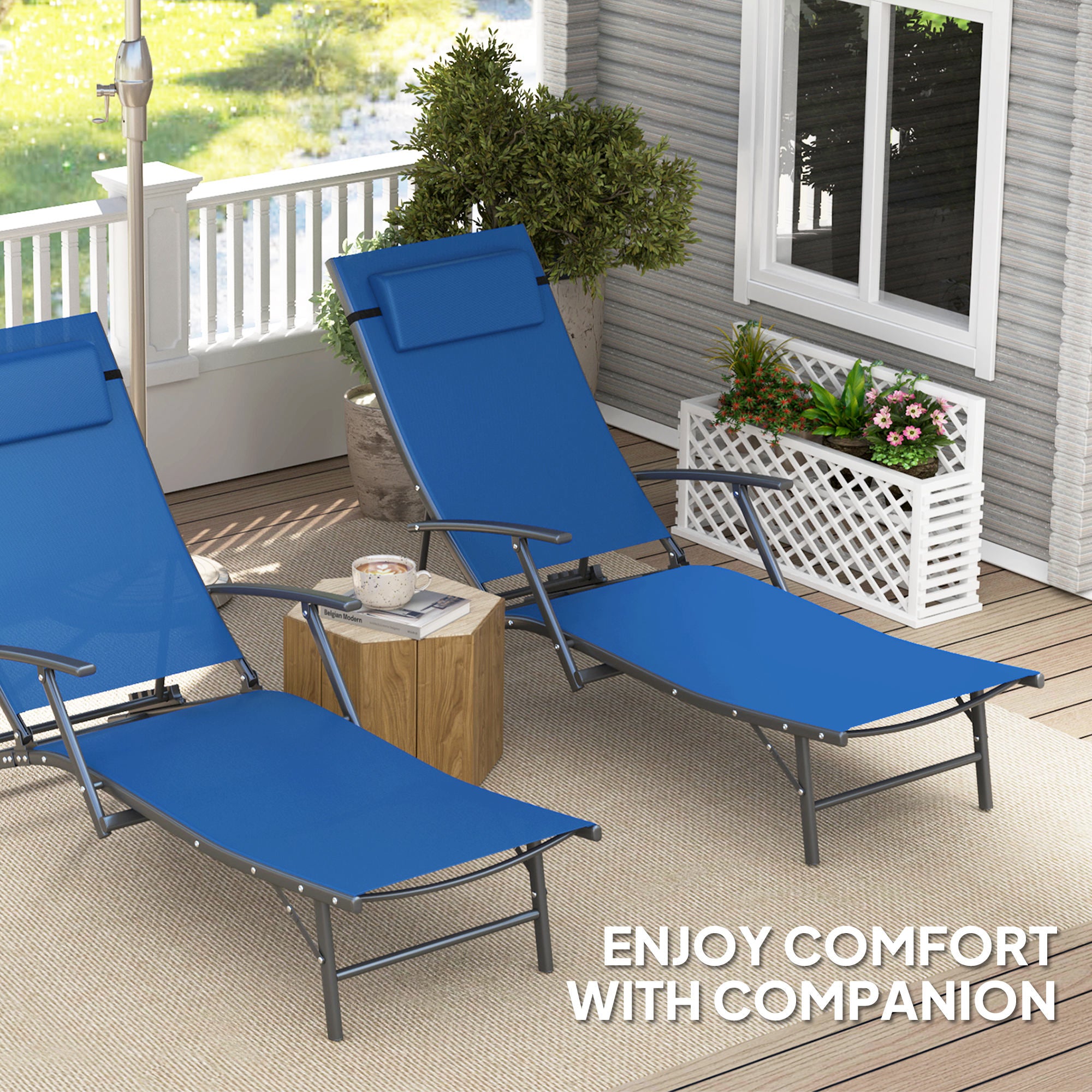 Outsunny Set of Two Adjustable Back Sun Loungers - Blue