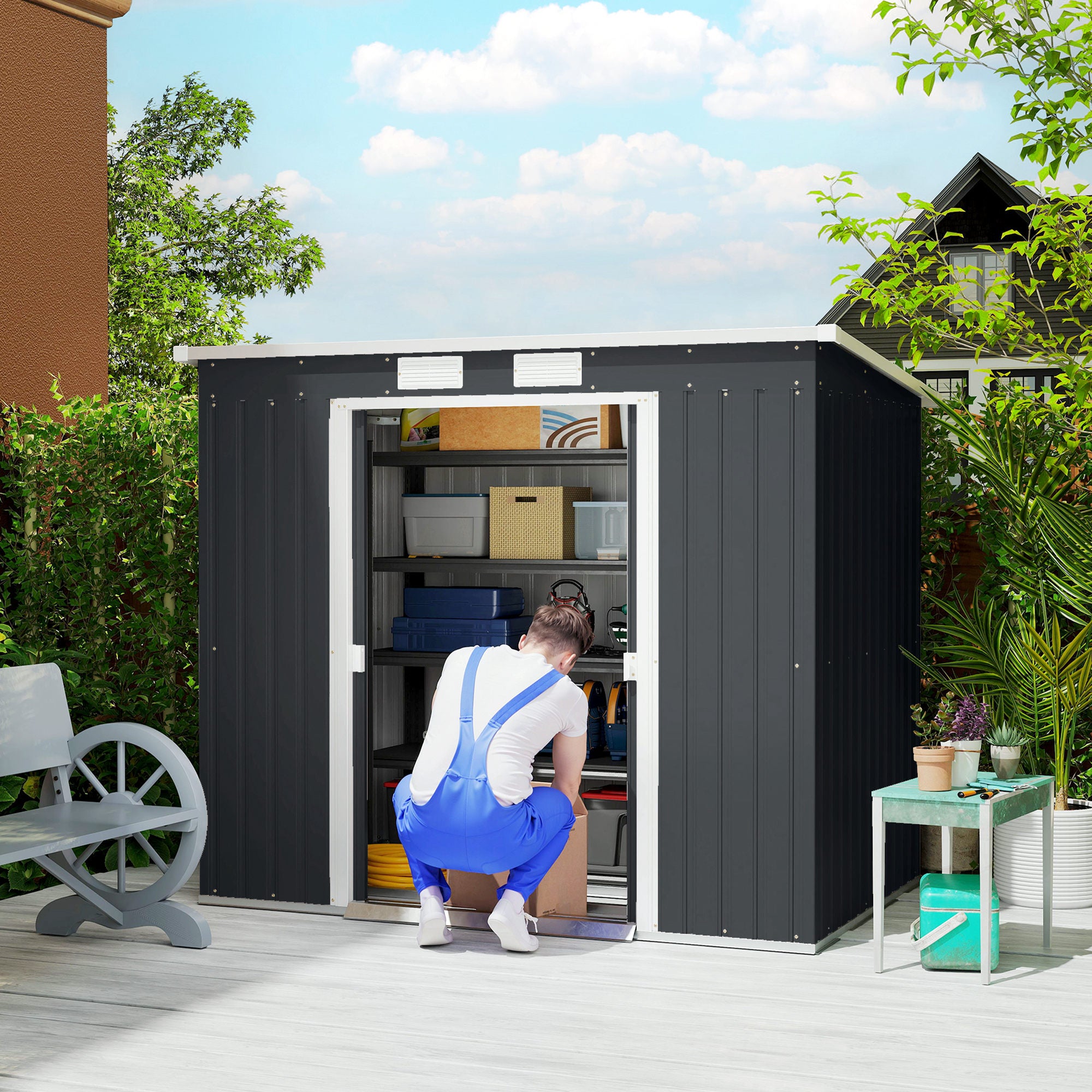 Outsunny 7 x 4ft Galvanised Steel Garden Shed, with Foundation Kit - Dark Grey