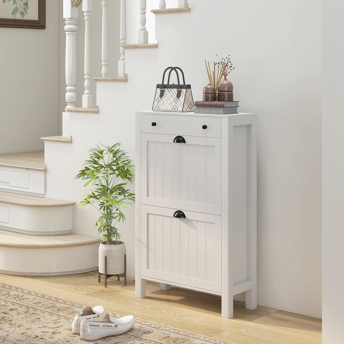 HOMCOM Narrow Shoe Cabinet with 2 Flip Drawers and Adjustable Shelves, White
