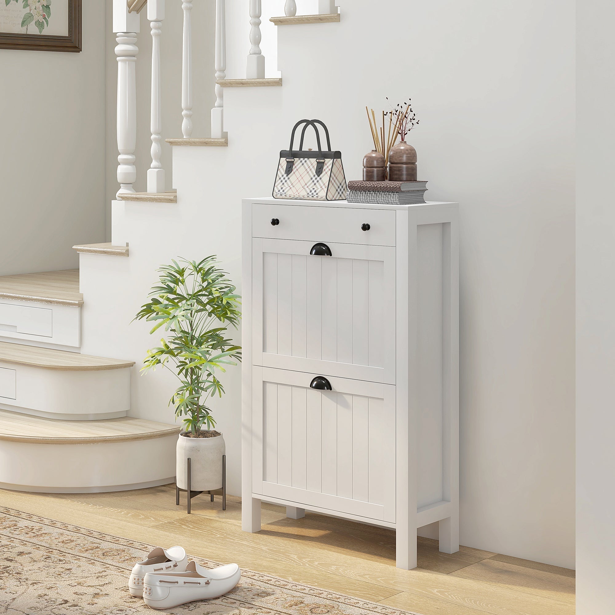 HOMCOM Narrow Shoe Cabinet with 2 Flip Drawers and Adjustable Shelves, White