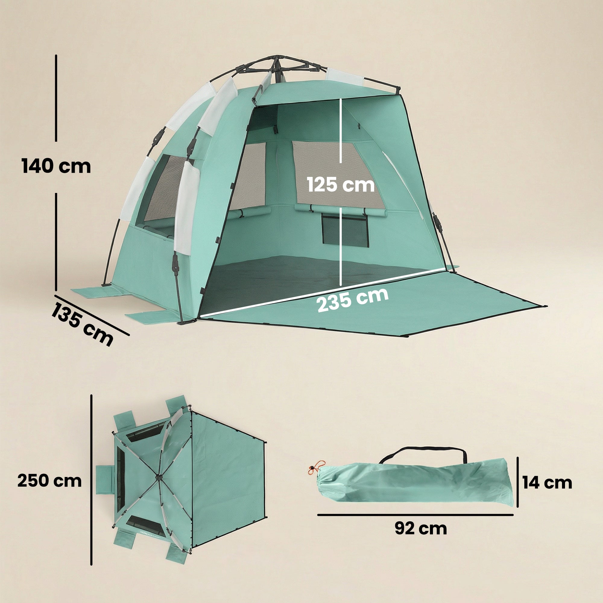 Outsunny 2-3 Person Pop Up Beach Tent, UPF15+ Sun Shelter with Extended Floor, Sandbags, Mesh Windows and Carry Bag, Green