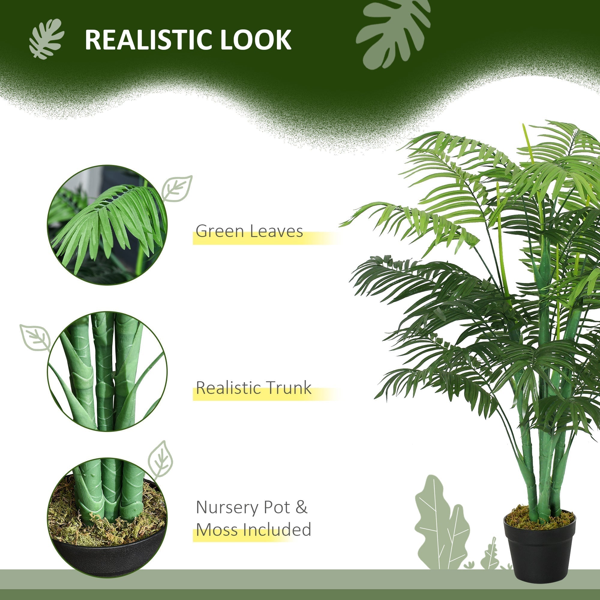 Outsunny 125cm/4FT Artificial Palm Plant Decorative Tree with Nursery Pot, Fake Plastic Indoor Home Office D√É¬©cor, Green