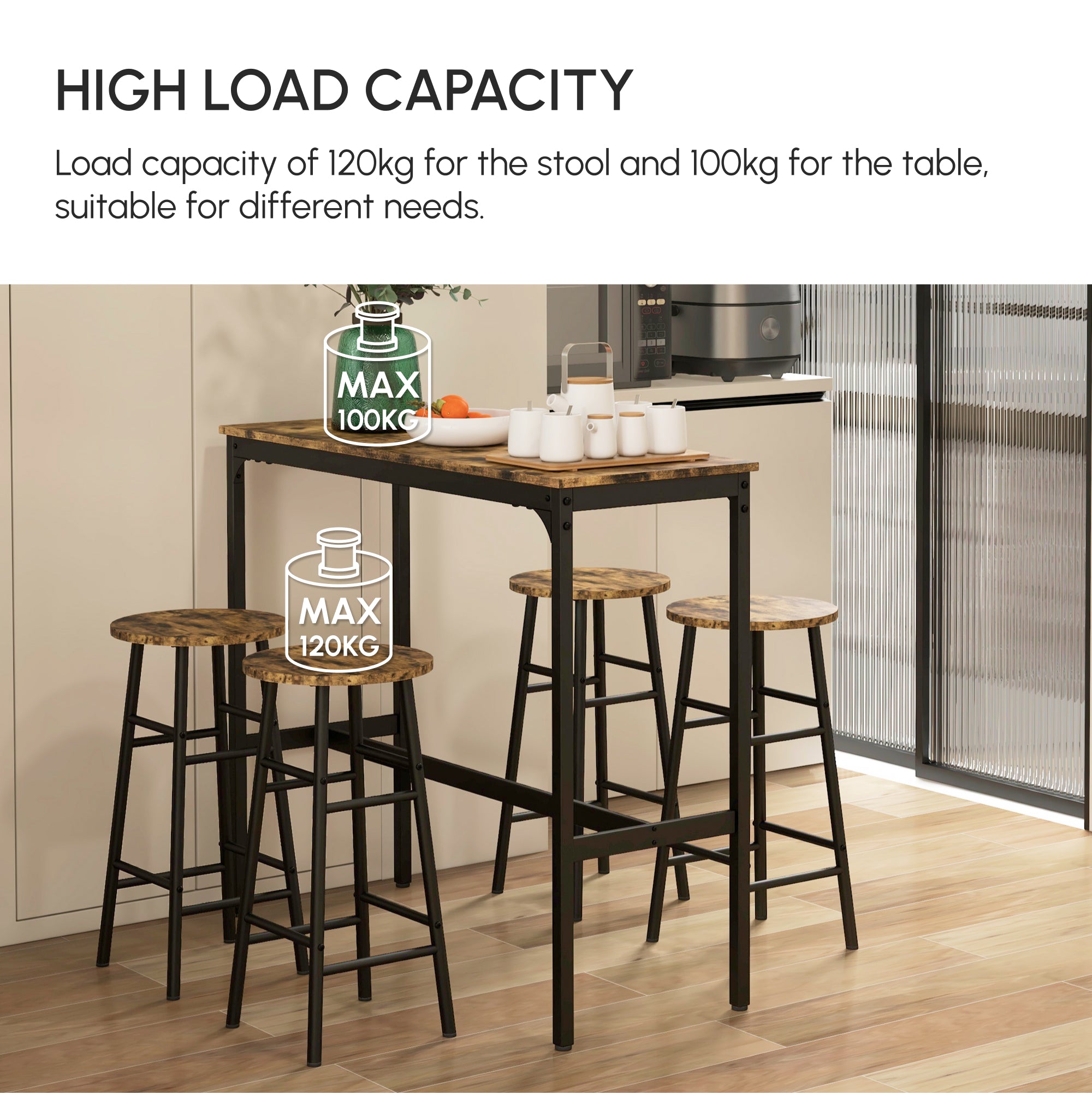 HOMCOM 5 Piece Bar Table Set with 4 Stools, Industrial Bar Table and Stool Set, Dining Table and Chair Set, Rustic Brown