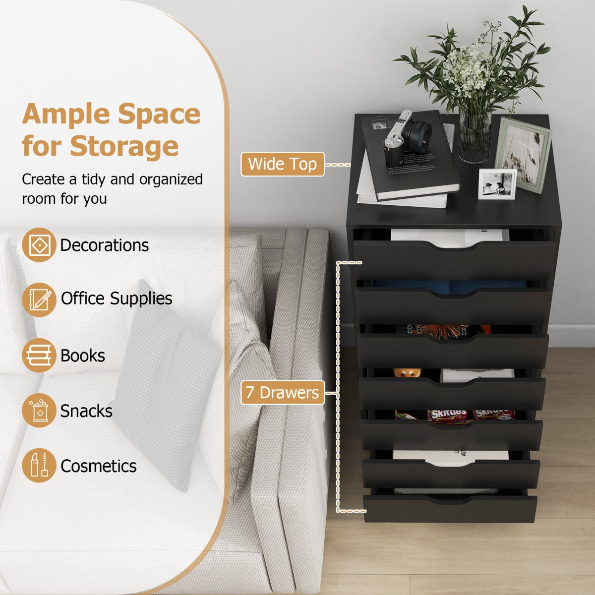 Mobile File Cabinet on Wheels with 7 Drawers-Black