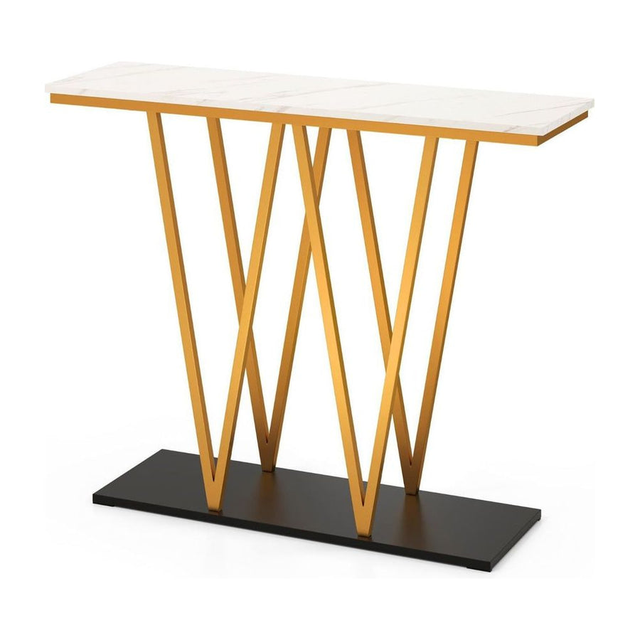 Modern Accent Extra Long Console Entry Table with a white faux marble top and gold legs on a black base