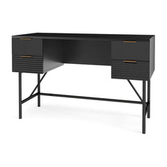 Modern Computer Desk with 4 Drawers and Storage, a black desk with ribbed drawer fronts and gold handles