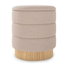 Modern Round Storage Ottoman with removable lid and solid wood base in beige fabric