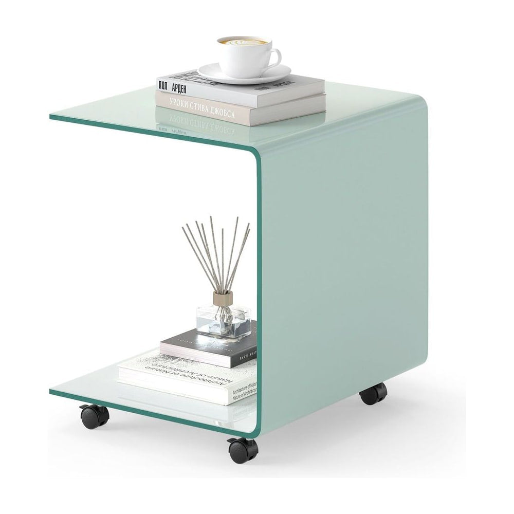 Modern Tempered Glass Side Table with 2-tier Shelf holding books and a coffee cup on a white background