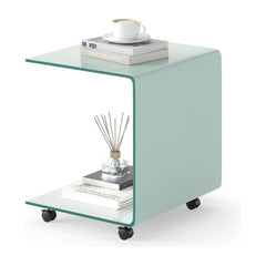 Modern Tempered Glass Side Table with 2-tier Shelf holding books and a coffee cup on a white background