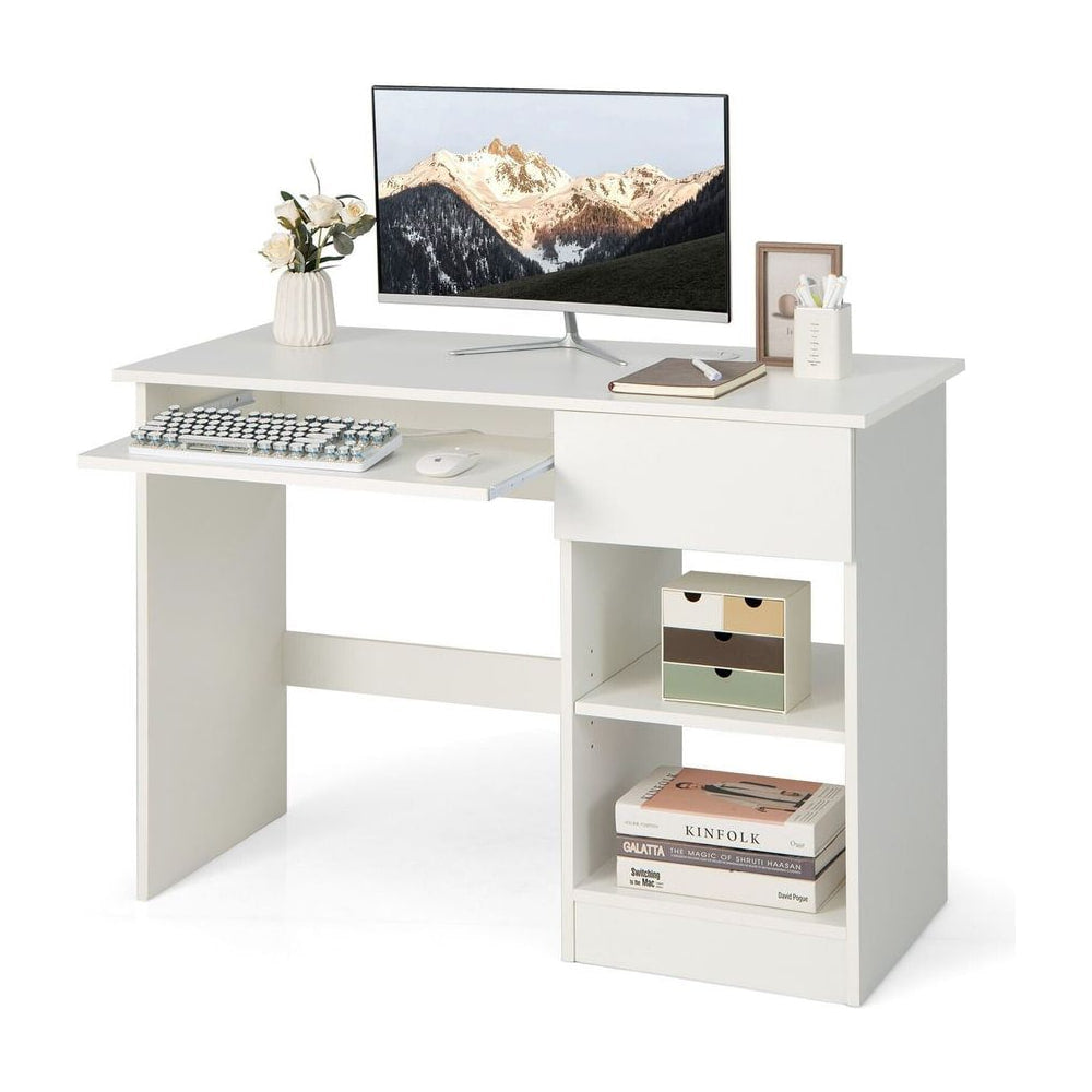 Modern Wooden Office Computer Desk with Keyboard Tray in white, shown from the front with a computer and keyboard on it