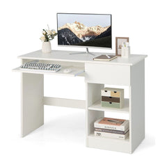 Modern Wooden Office Computer Desk with Keyboard Tray in white, shown from the front with a computer and keyboard on it