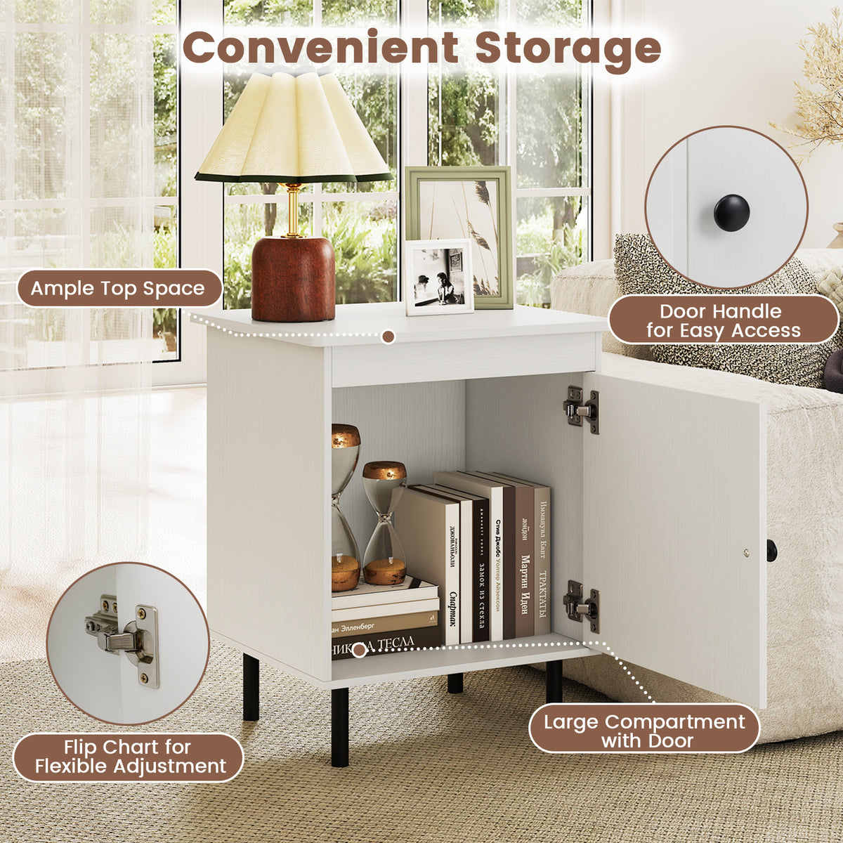 Set of 2 modern Nightstand with Cabinet and Heavy-Duty Metal Legs-White