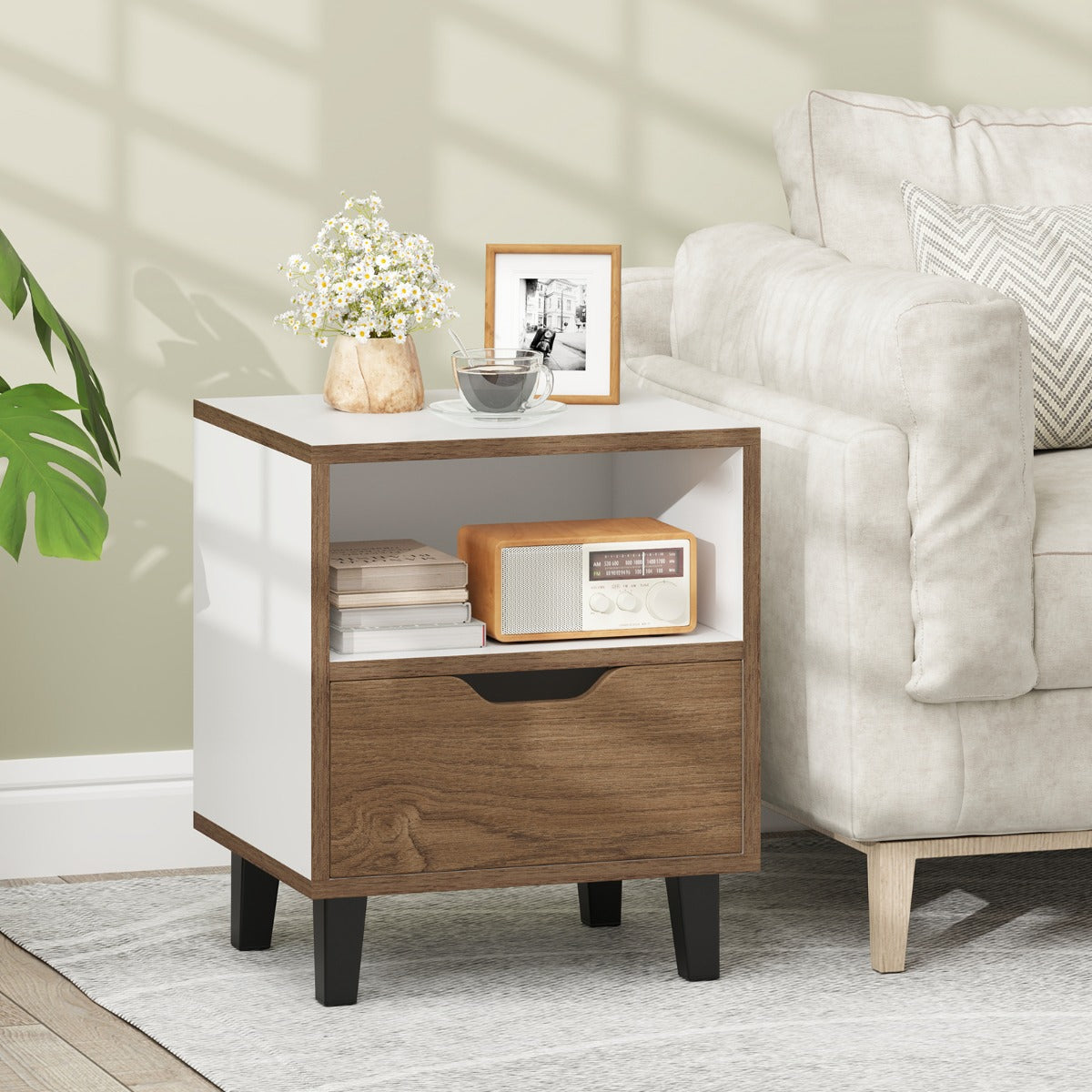 Mid Century Modern Bedside Table Nightstand with Drawer-White
