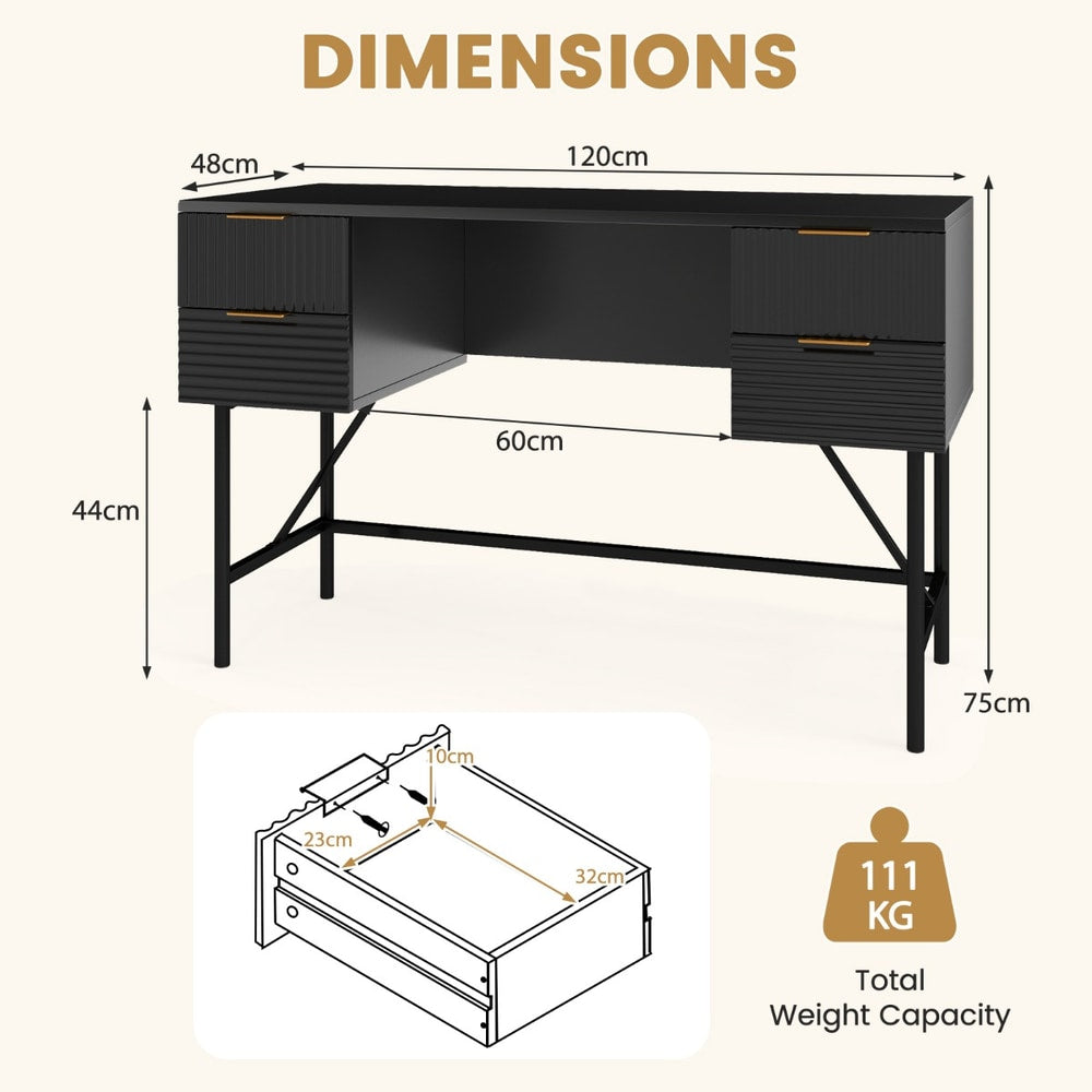 Dimensions diagram for the black computer desk with storage, showing measurements and weight capacity