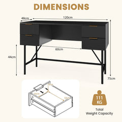 Dimensions diagram for the black computer desk with storage, showing measurements and weight capacity