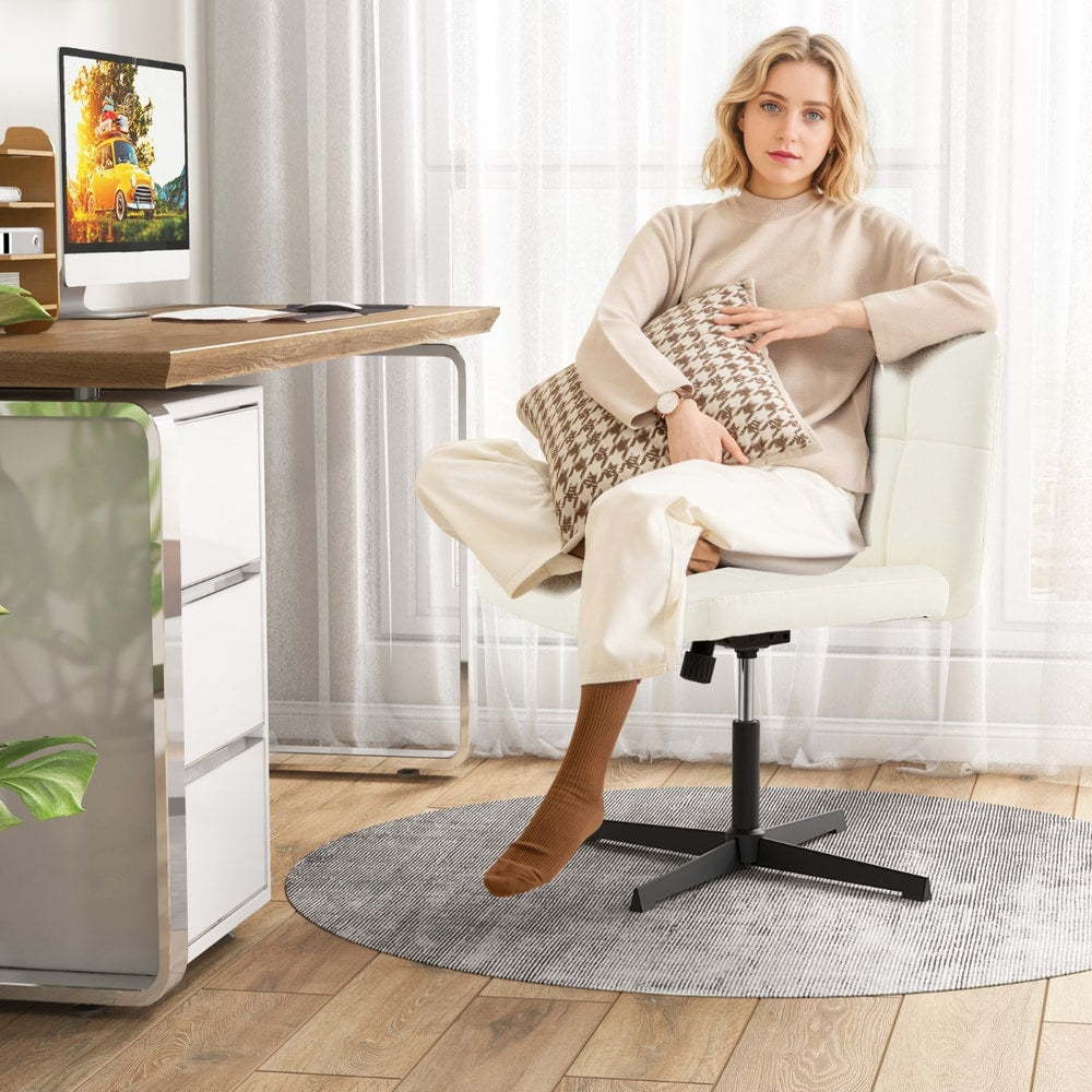 PU Leather Upholstered Armless Cross Legged Office Desk Chair in Beige