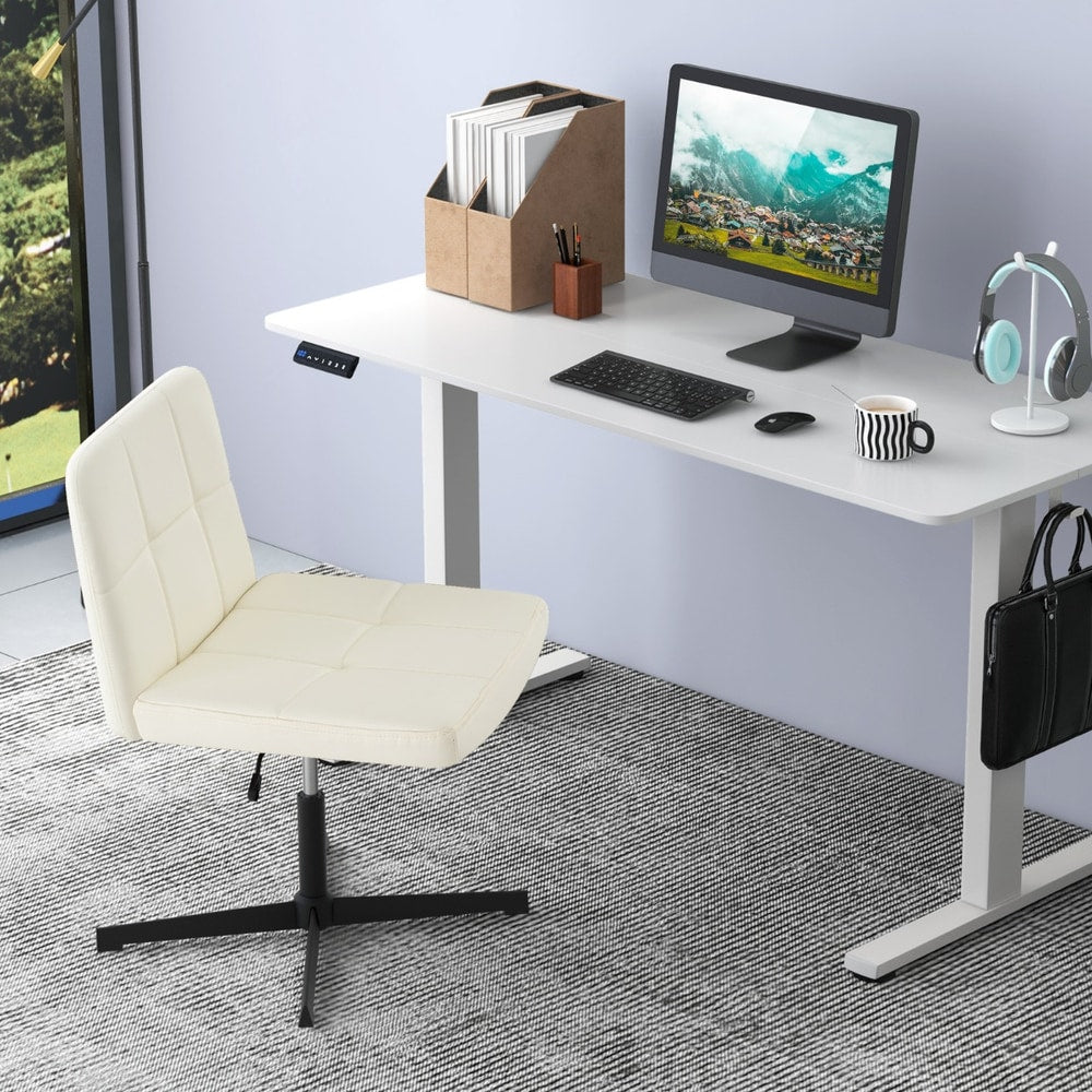 PU Leather Upholstered Armless Cross Legged Office Desk Chair in Beige