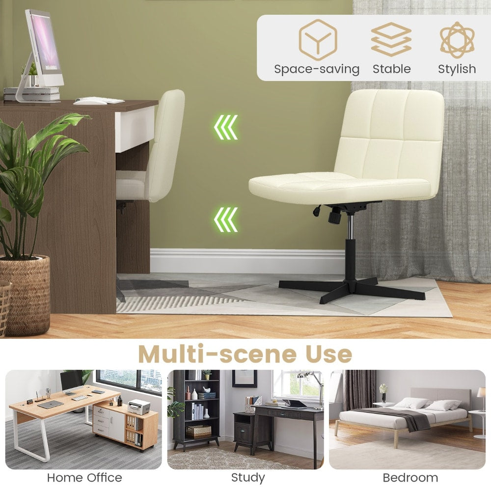 PU Leather Upholstered Armless Cross Legged Office Desk Chair in Beige