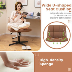Close up of the high-density sponge seat of the brown PU leather upholstered armless office desk chair