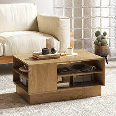 Modern Rectangle Coffee Table with 2-Tier Open Storage Shelves-Natural