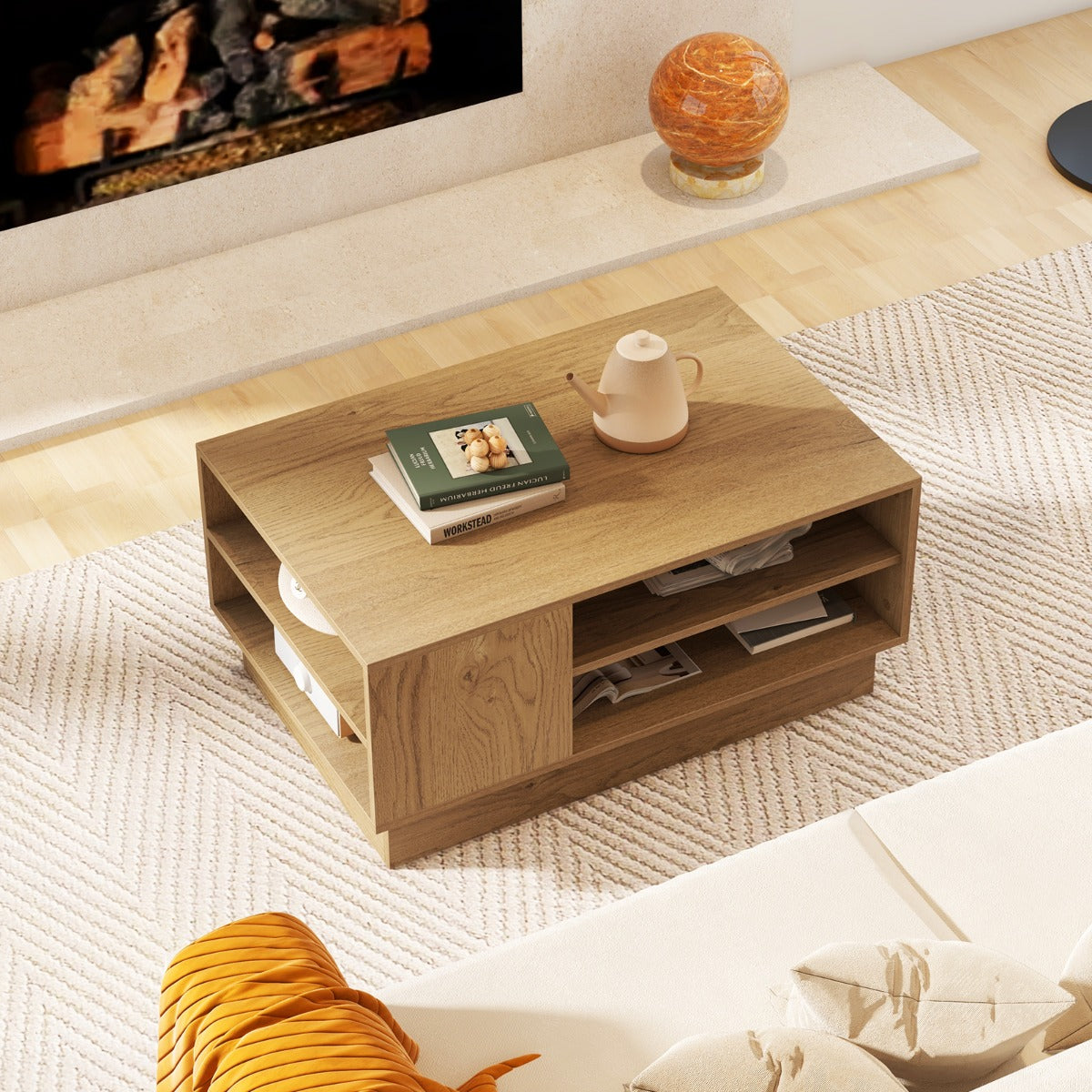Modern Rectangle Coffee Table with 2-Tier Open Storage Shelves-Natural