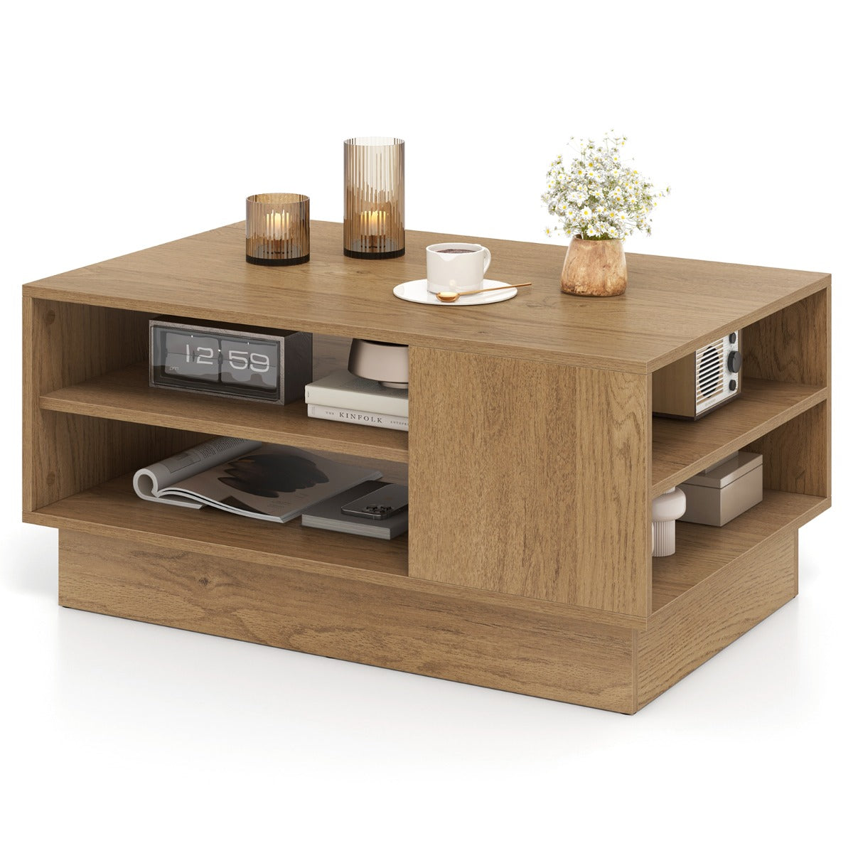 Modern Rectangle Coffee Table with 2-Tier Open Storage Shelves-Natural