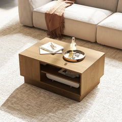 Modern Rectangle Coffee Table with 2-Tier Open Storage Shelves-Natural
