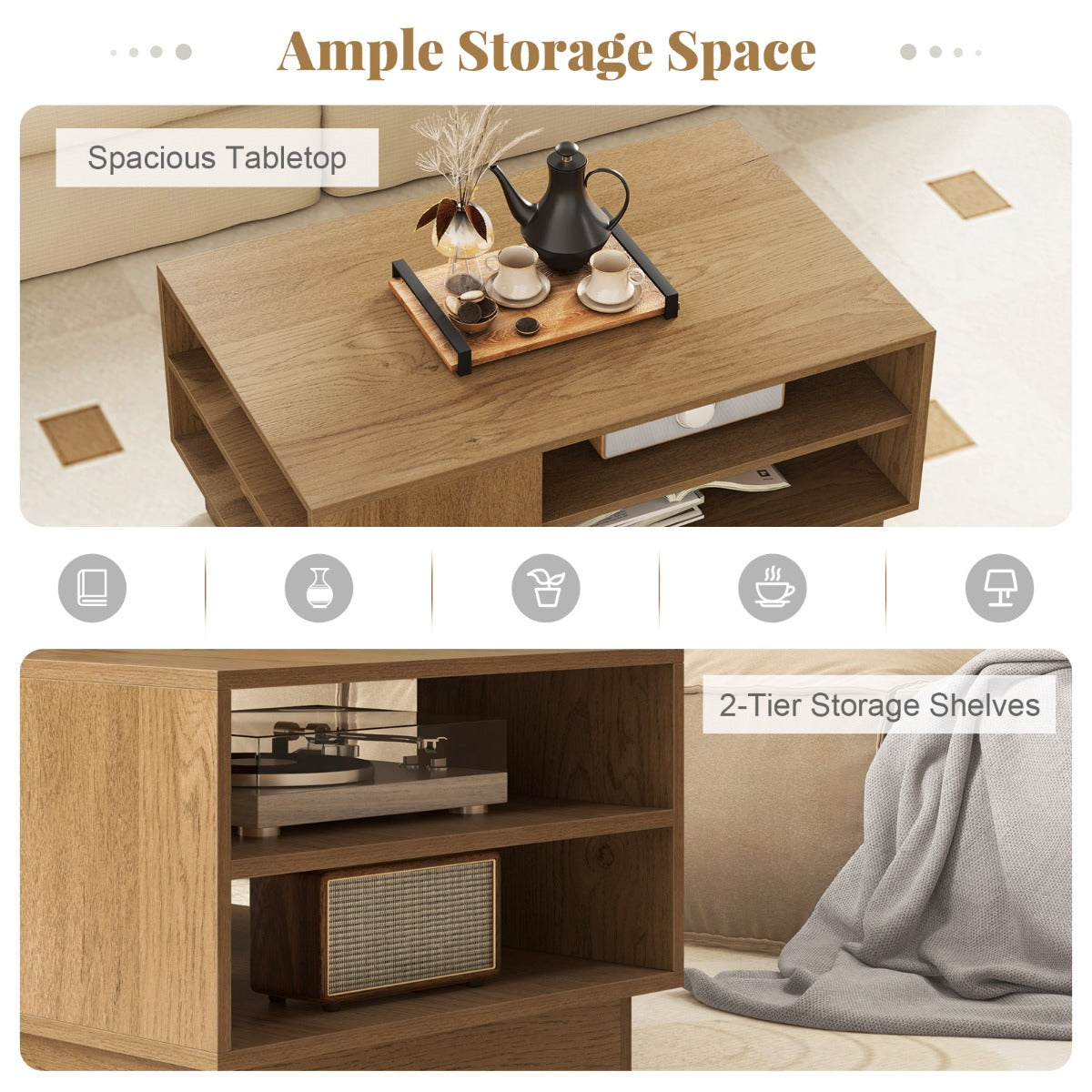 Modern Rectangle Coffee Table with 2-Tier Open Storage Shelves-Natural