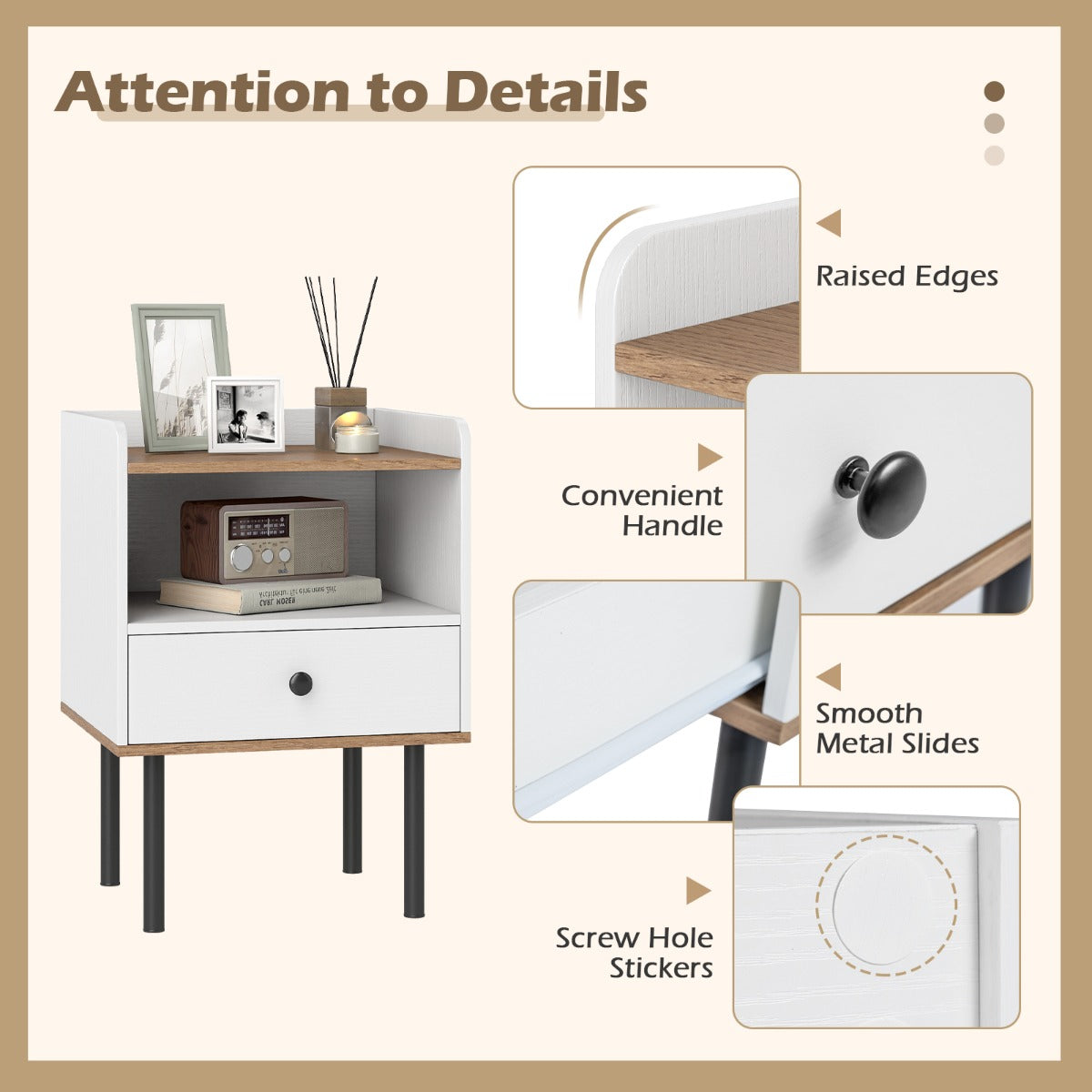 Modern Sofa Side Table with Drawer and Metal Legs for Small Spaces-White-2 Pieces