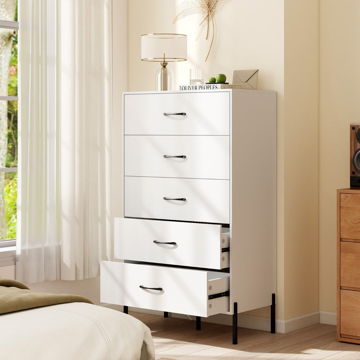 Modern Tall Chest of Drawers with Metal Legs and Handles-White