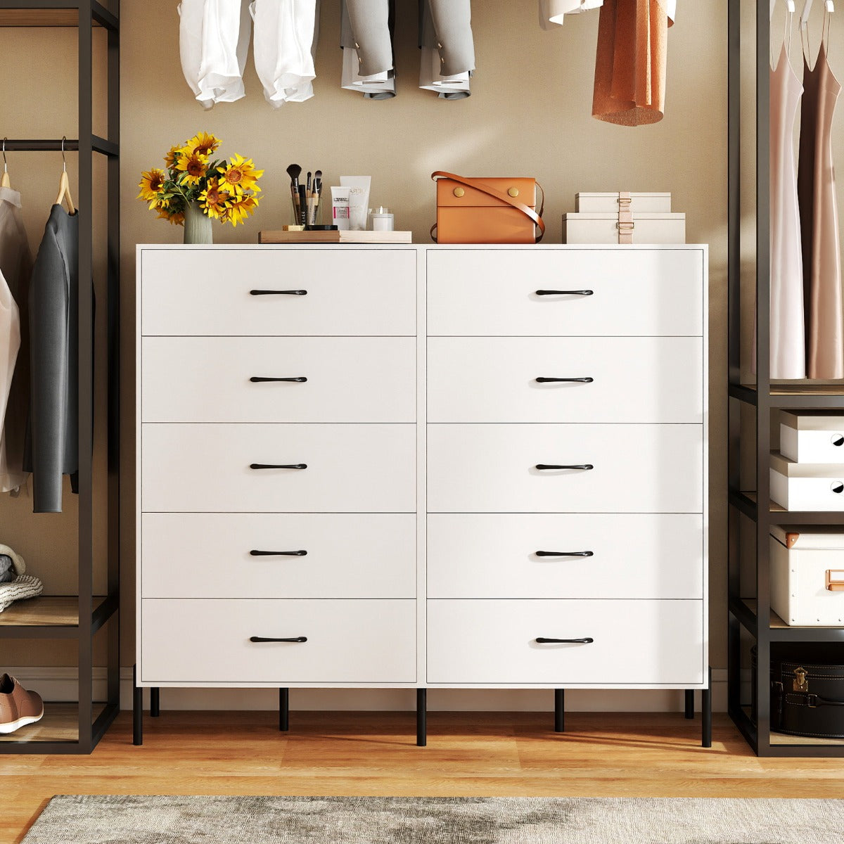 Modern Tall Chest of Drawers with Metal Legs and Handles-White