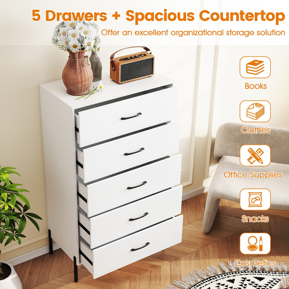 Modern Tall Chest of Drawers with Metal Legs and Handles-White