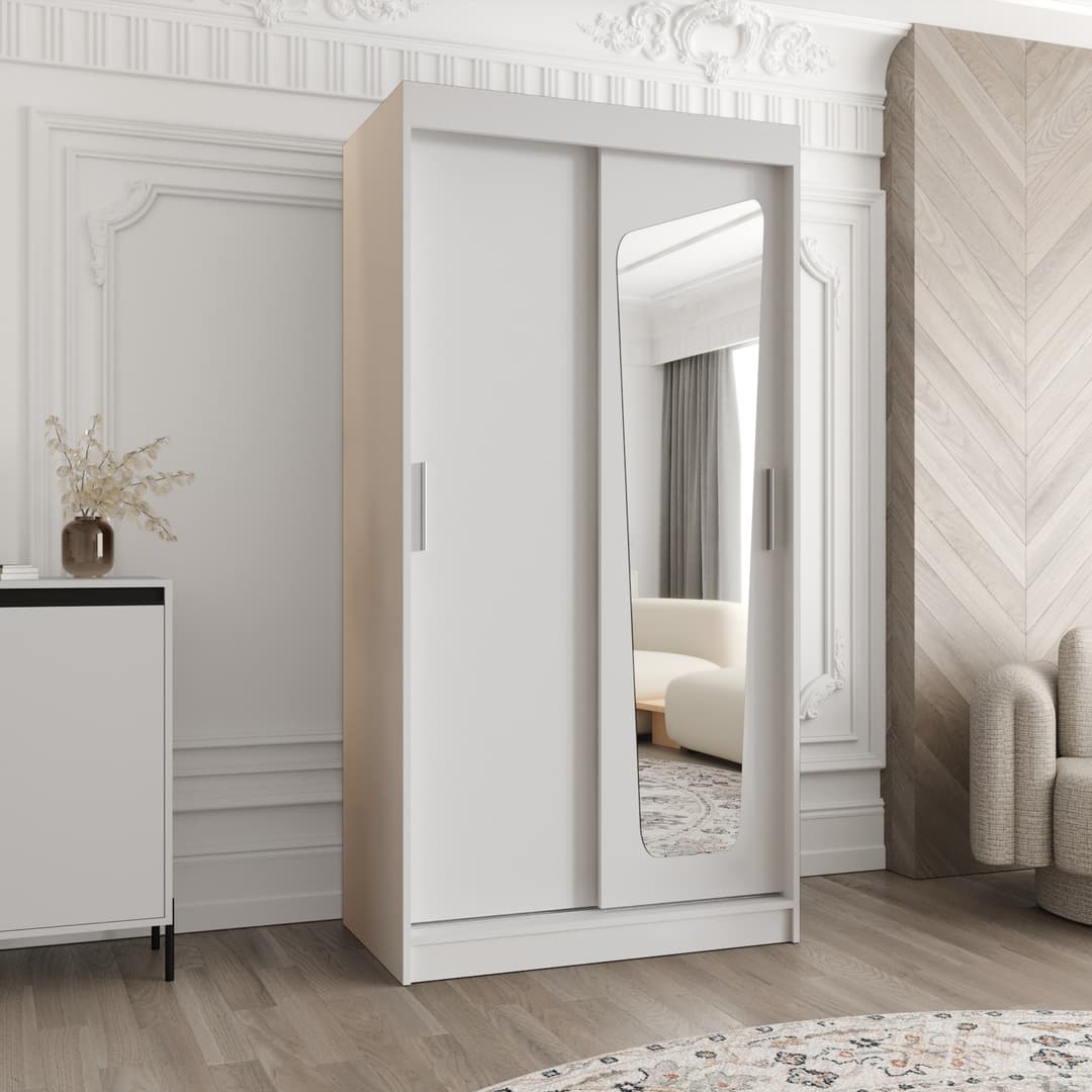 Moka Sliding Door Wardrobe 100cm in white with a mirrored door, shown in a bedroom setting