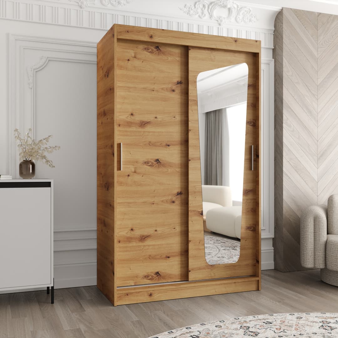 Moka Sliding Door Wardrobe 120cm with a wood effect finish and a mirrored door