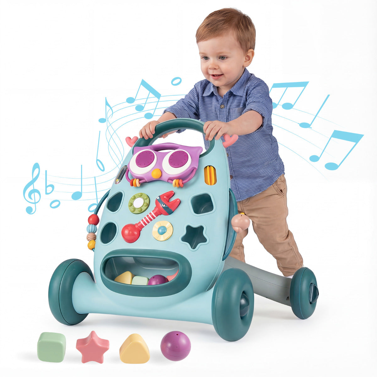 Montessori Baby Walker Toddler Educational Push Toy with removable oval player and shape sorter in blue