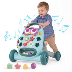 Montessori Baby Walker Toddler Educational Push Toy with removable oval player and shape sorter in blue