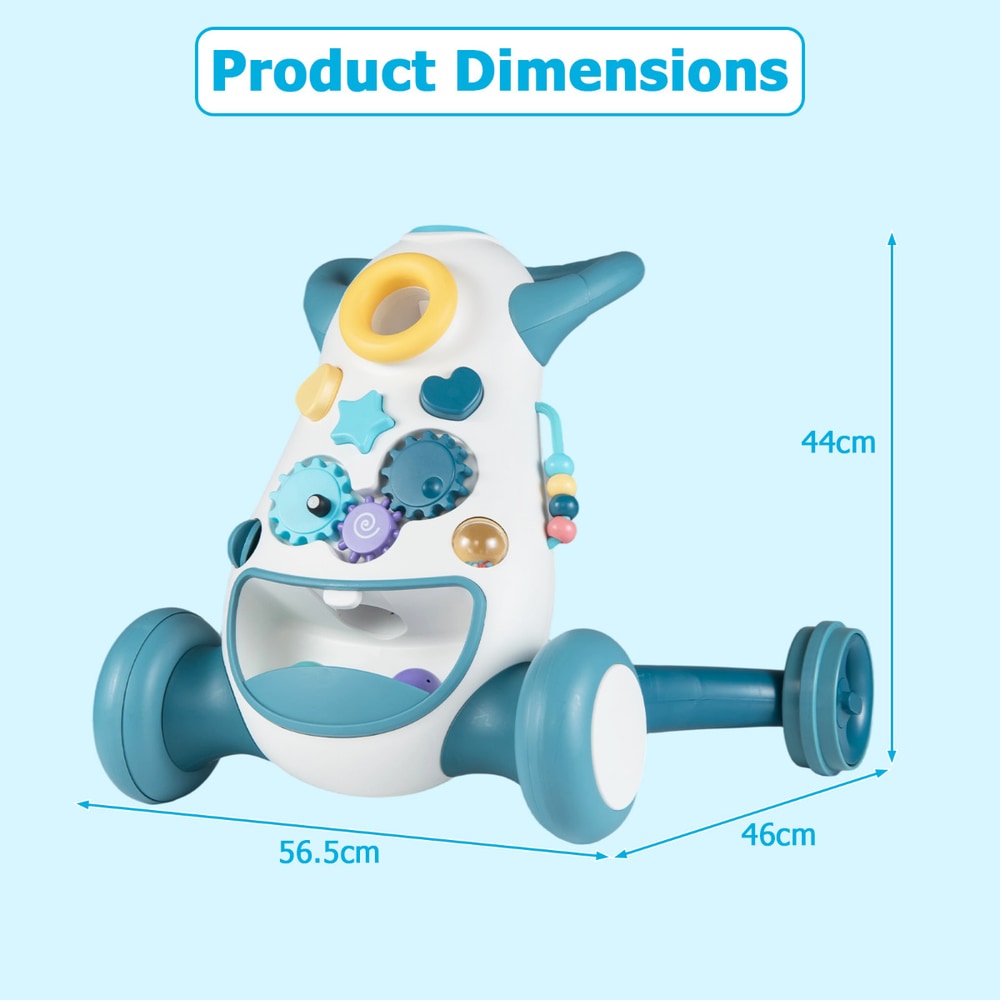 The baby walker with blue dimension lines and measurements shown on a light blue background