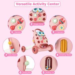 Collage showing the various interactive features of the versatile activity centre baby walker